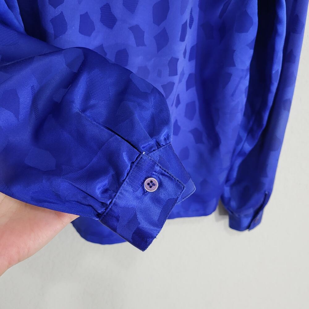 Vintage Blouse Petite Impressions Women  XS  Blue Jacquard Long Sleeve High Neck - Picture 6 of 11